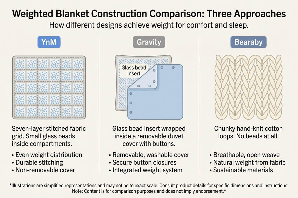 Infographic comparing three weighted blanket construction approaches: YnM using seven-layer stitched compartments with glass beads, Gravity using a duvet-covered glass bead insert, and Bearaby using bead-free hand-knit cotton loops for weight.