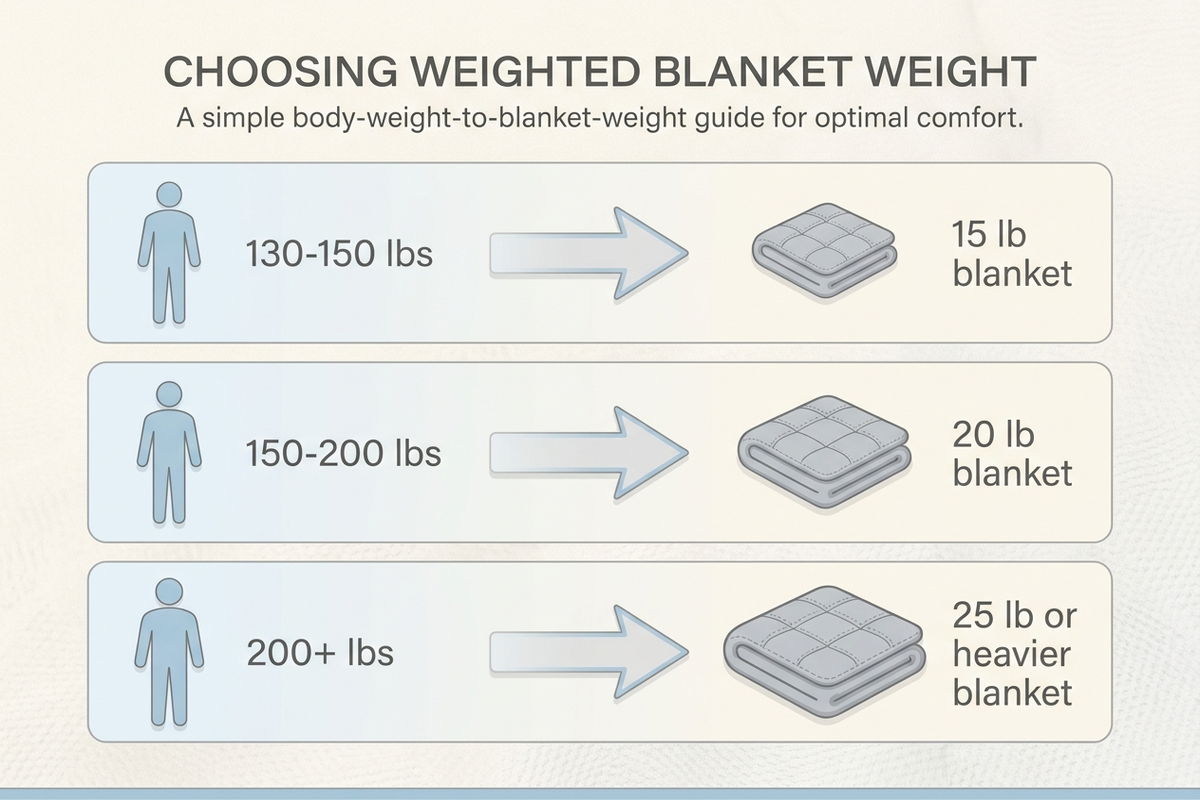 Weight-selection infographic showing recommended weighted blanket weight as roughly 10 percent of body weight, with example pairings: 130 to 150 pound adult uses a 15-pound blanket, 150 to 200 pound adult uses a 20-pound blanket, and 200-plus pound adult uses a 25-pound or heavier blanket.