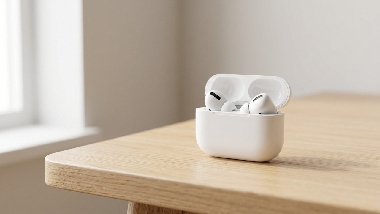 A pair of true wireless earbuds resting in an open charging case on a wooden desk in soft daylight