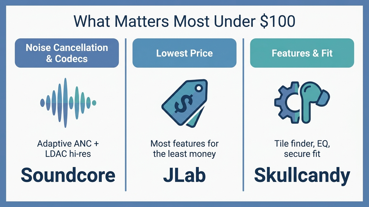 Infographic comparing three budget earbud priorities: noise cancellation and codecs, lowest price, and features and fit, mapped to Soundcore, JLab, and Skullcandy