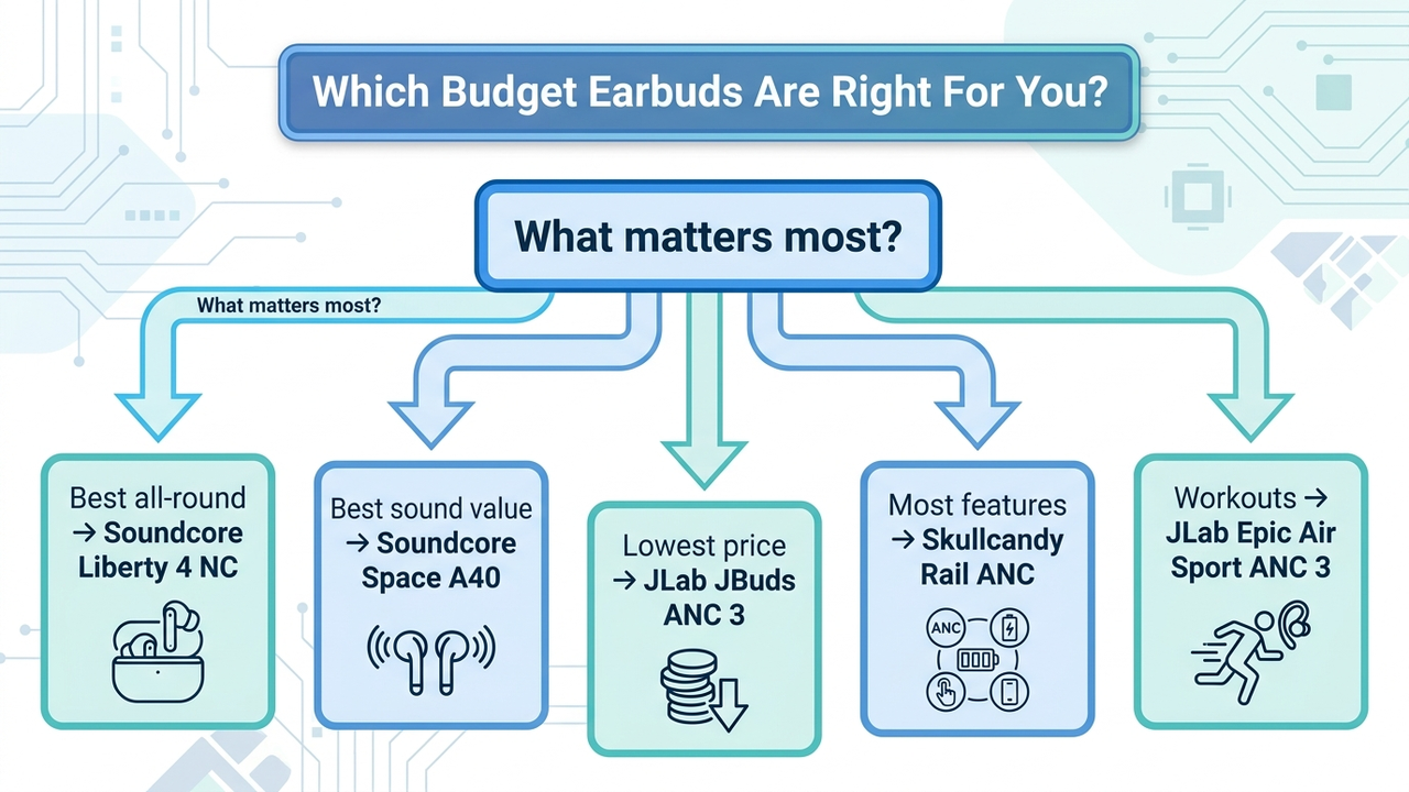 Decision-tree flowchart guiding shoppers to a budget earbud pick based on priorities: best all-round, best sound, lowest price, most features, and workout use