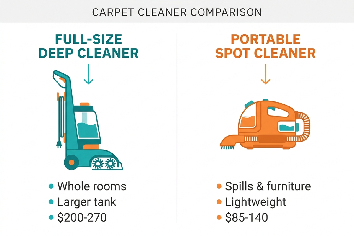 Flat-design infographic comparing full-size carpet cleaners and portable spot cleaners across use case, tank size, and typical price, with Bissell and Shark icons on each side