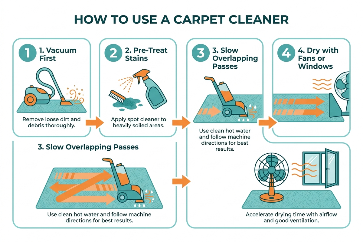Flat-design infographic showing carpet cleaner technique steps — vacuum first, pre-treat stains, use slow overlapping passes, dry with fans or open windows — with icons for each step