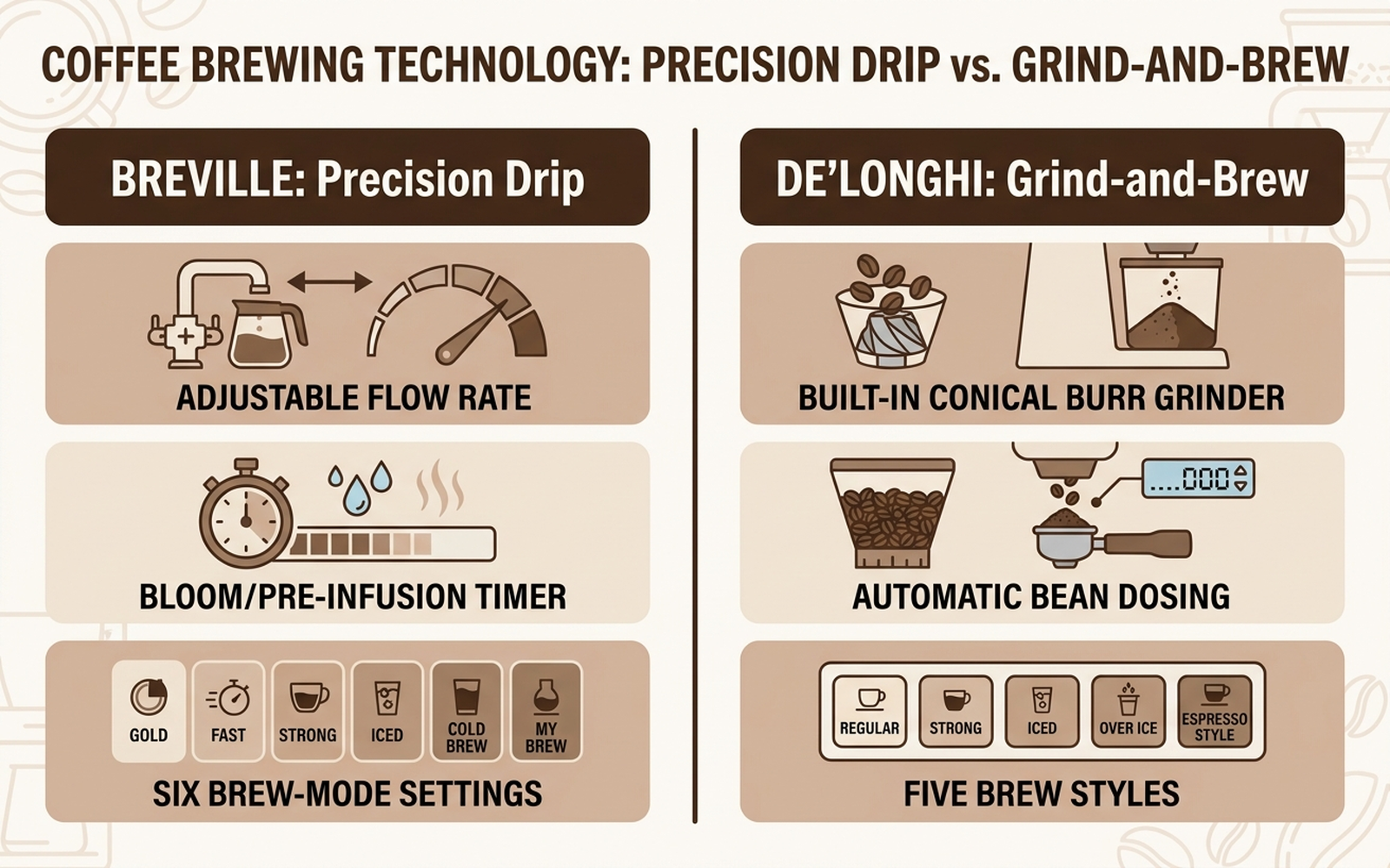 Infographic comparing Breville precision drip technology with adjustable flow rate, bloom timer, and six brew modes against De'Longhi grind-and-brew technology with a built-in conical burr grinder, automatic bean dosing, and five brew styles