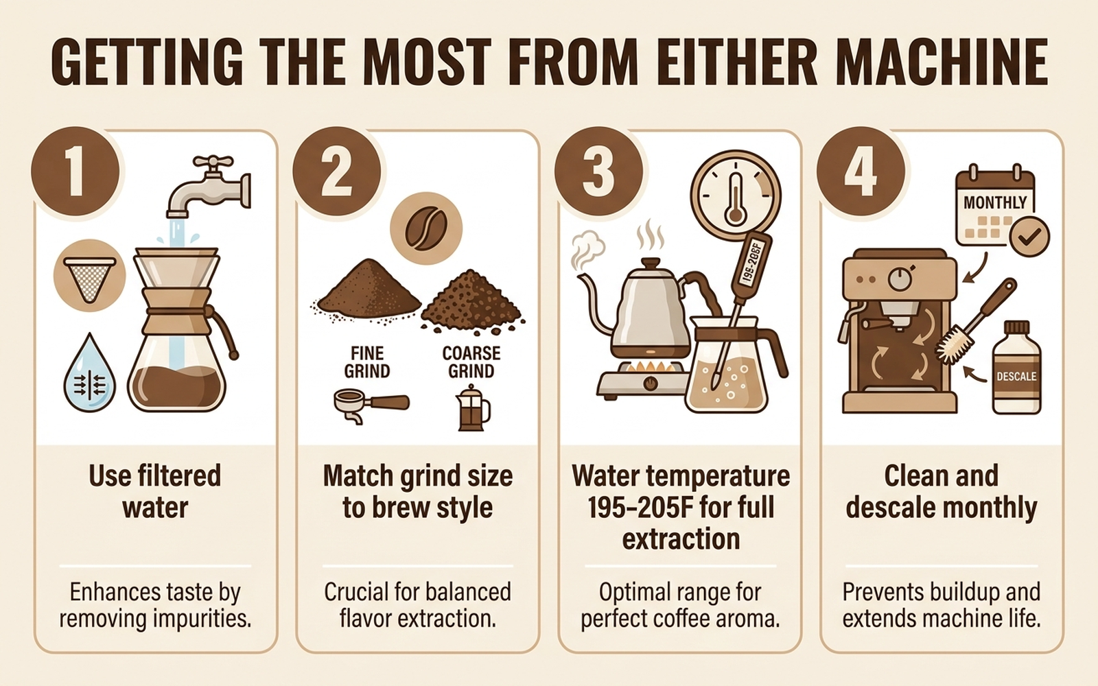 Infographic showing a four-step brew guide: use filtered water, match grind size to brew style, keep water temperature between 195 and 205 degrees Fahrenheit, and clean and descale monthly