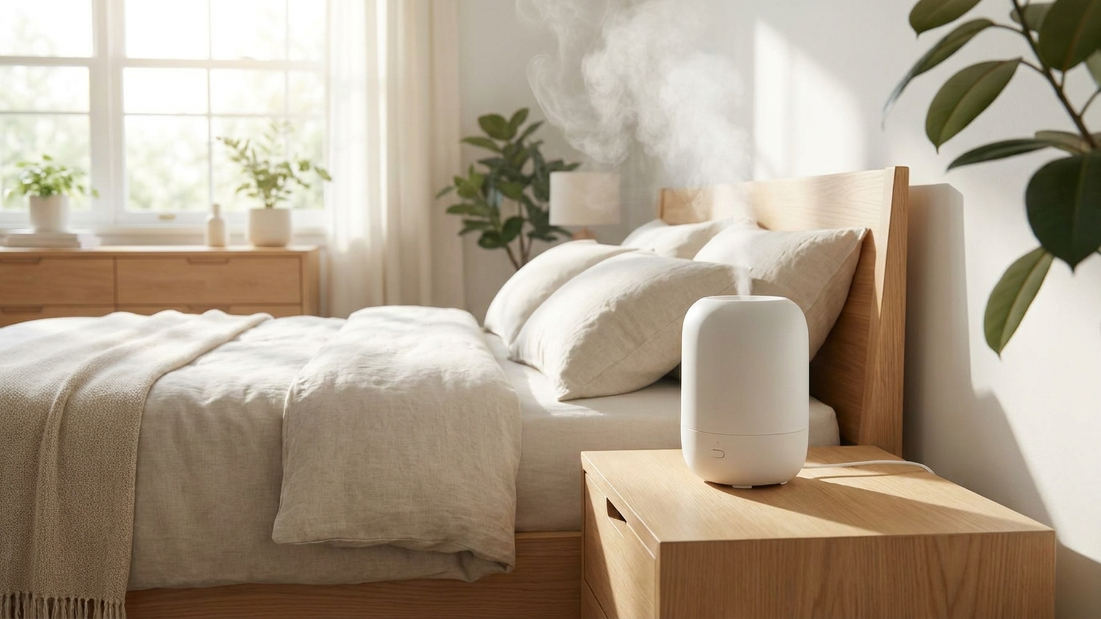 A small white ultrasonic humidifier emitting mist on a wooden nightstand beside a sunlit bed