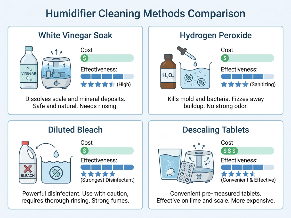 Infographic comparing white vinegar, hydrogen peroxide, diluted bleach, and commercial descaling tablets for cleaning a humidifier tank
