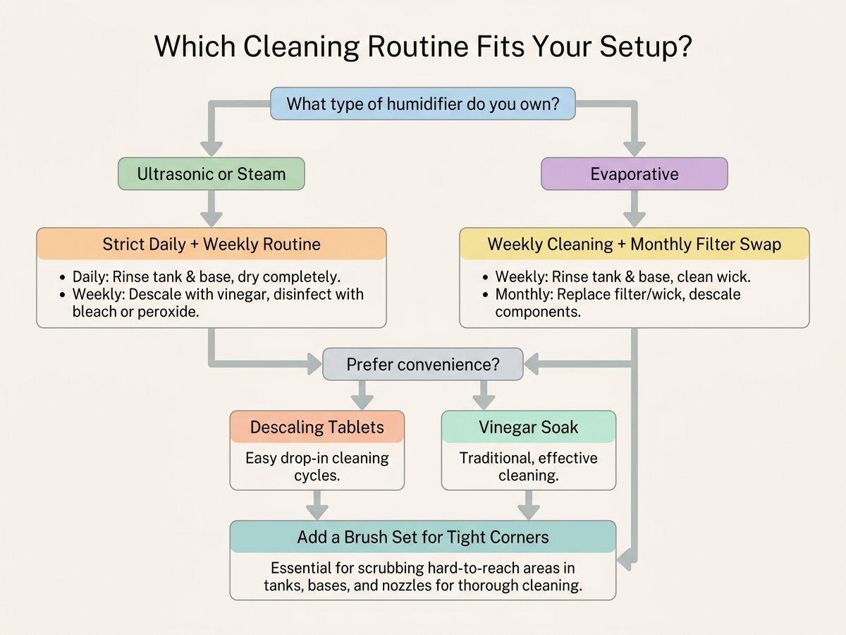 Decision flowchart for choosing a humidifier cleaning routine based on humidifier type and household needs