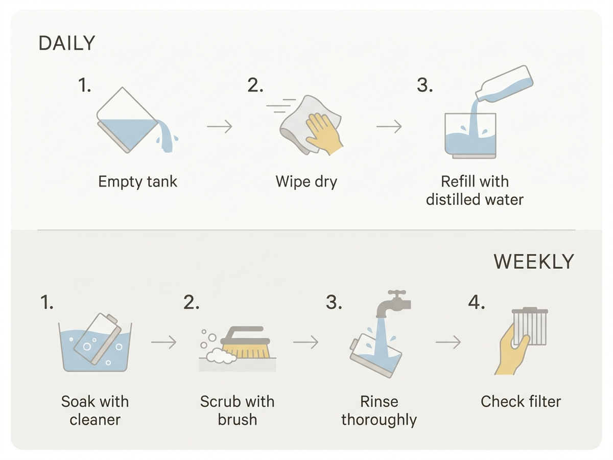 Step-by-step diagram showing daily and weekly humidifier cleaning routine
