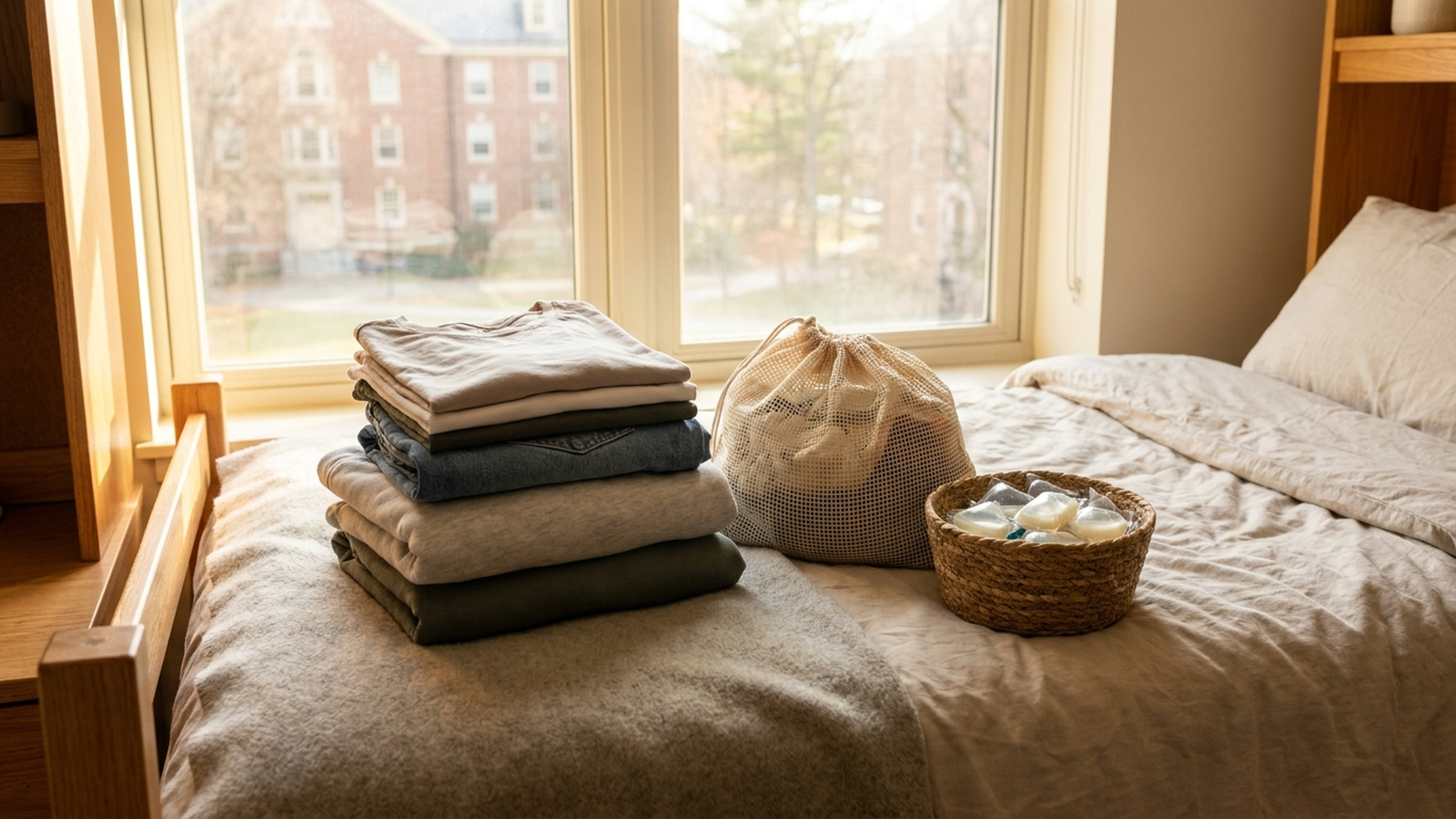 A folded stack of clothes, a mesh laundry bag, and a small basket of detergent pods on a dorm room bed, soft daylight, no people visible