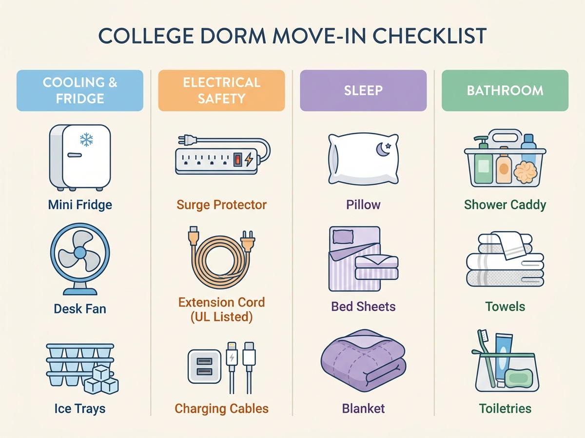Flat-design infographic organizing college dorm move-in items into four labeled categories — Cooling and Fridge, Electrical Safety, Sleep, and Bathroom — each shown as a simple icon column with English text labels, no people, clean minimal style