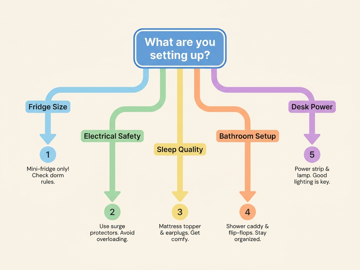 Decision flowchart helping a college student pick which of ten move-in questions applies to their situation, branching by category: fridge size limits, electrical safety, sleep quality, bathroom setup, and desk power, each branch pointing to the relevant question number above, flat clean style, English text, no people