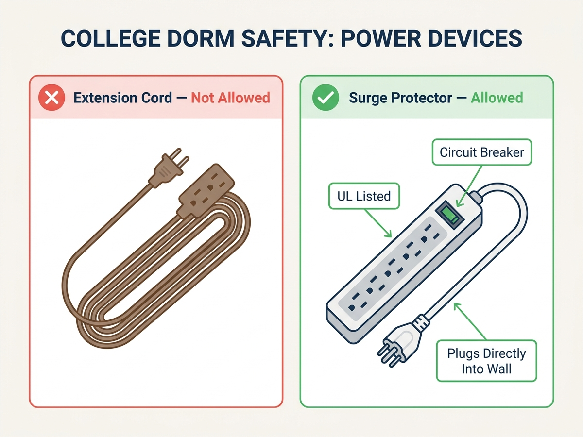 Side-by-side infographic comparing a banned extension cord against an allowed UL-listed surge protector for dorm rooms, with labeled callouts pointing to the circuit breaker, UL certification mark, and direct wall plug on the allowed side, clean flat infographic style, English text only, no people