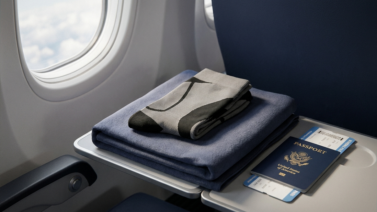 A pair of knee-high compression socks resting on a folded travel blanket next to a passport and boarding pass on an airplane tray table, no faces, no text