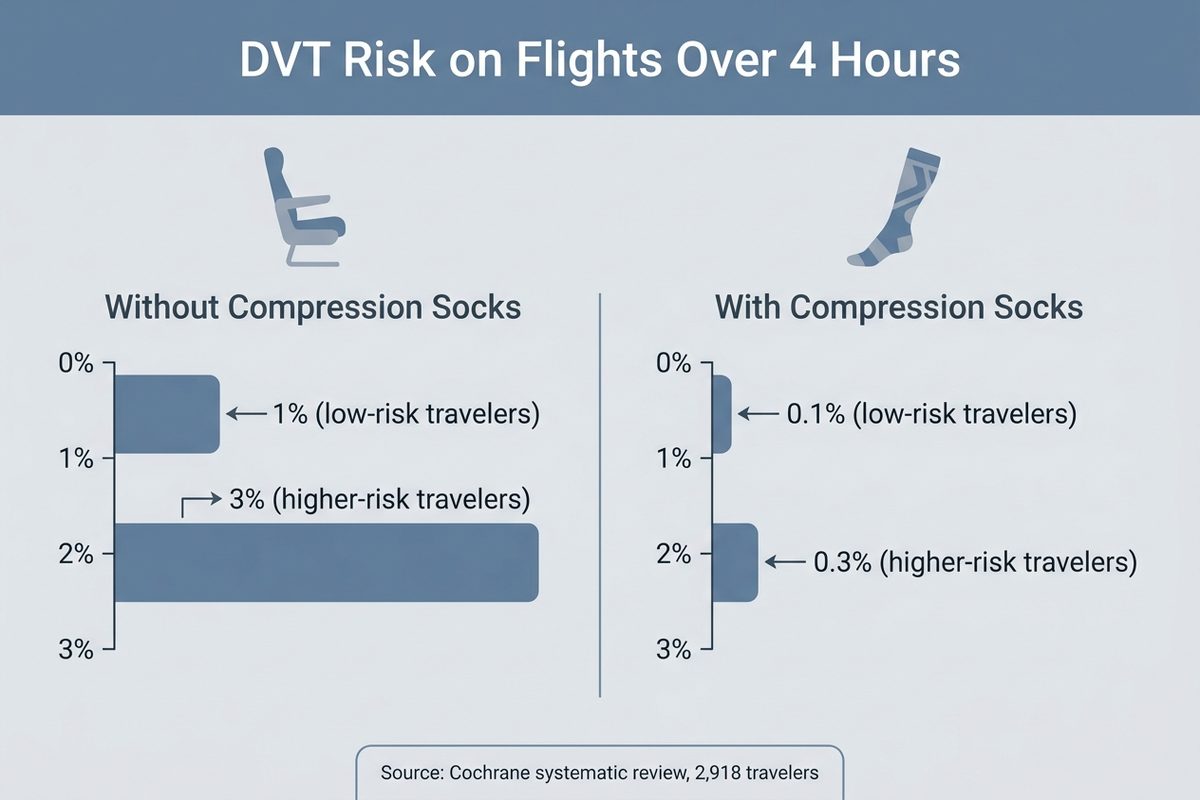 Infographic showing DVT incidence with and without compression socks based on Cochrane review data, 1% versus 0.1% for low-risk travelers