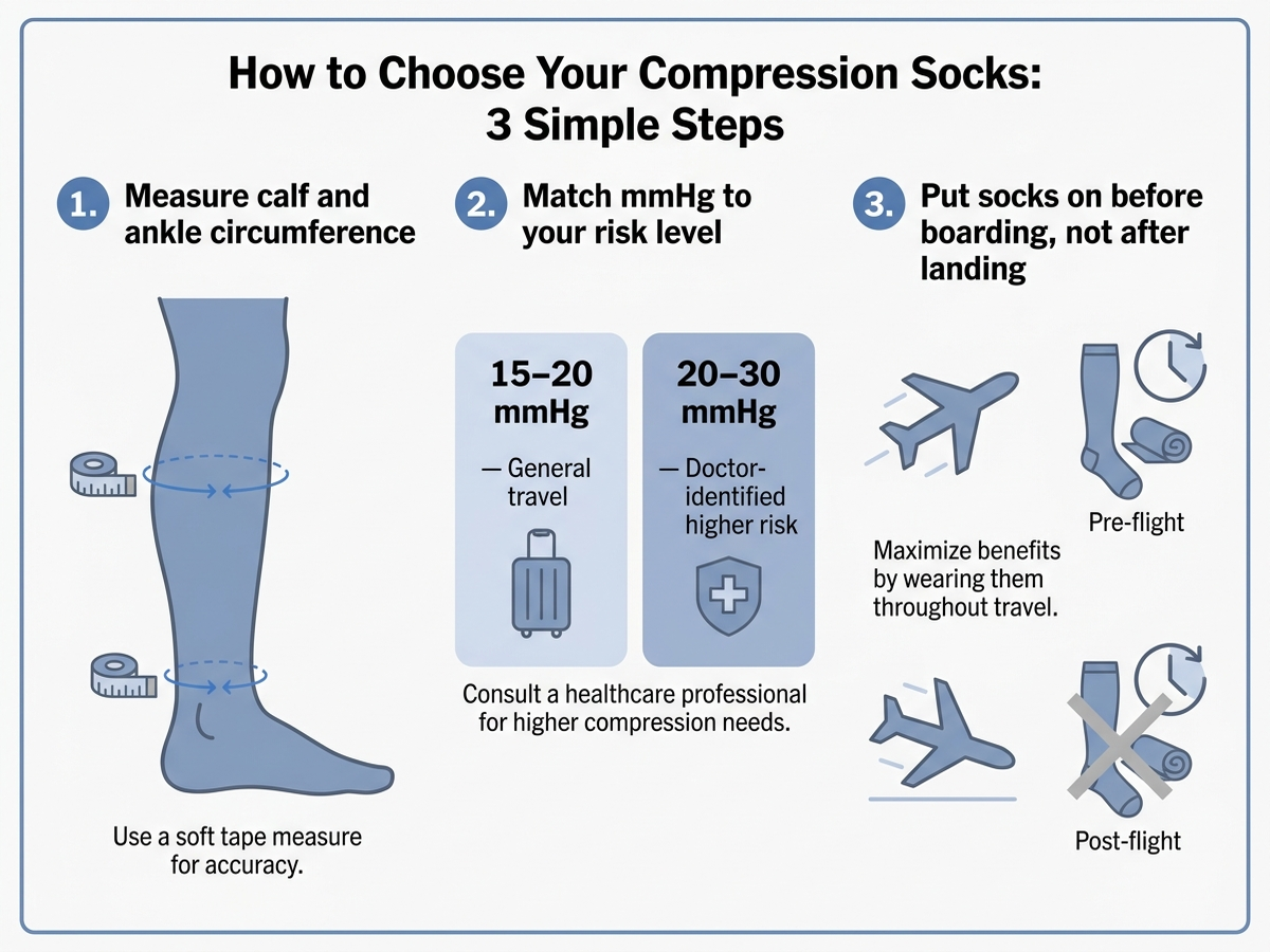 Diagram showing how to measure calf and ankle circumference to choose a compression sock size, and a chart matching 15-20 mmHg to general travel versus 20-30 mmHg to higher-risk travel