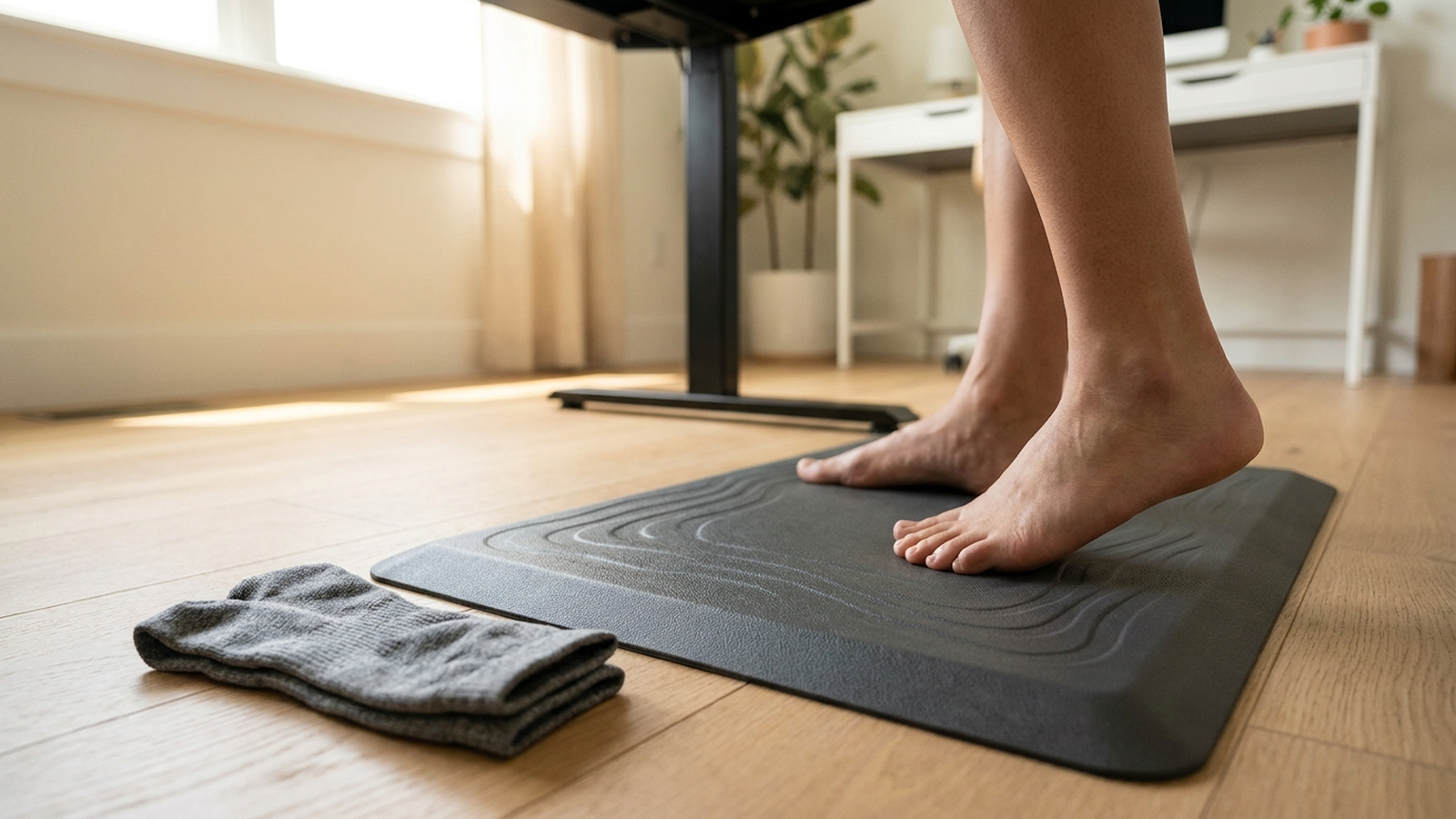 Bare feet on a textured anti-fatigue mat next to a folded pair of compression socks in a minimalist home office