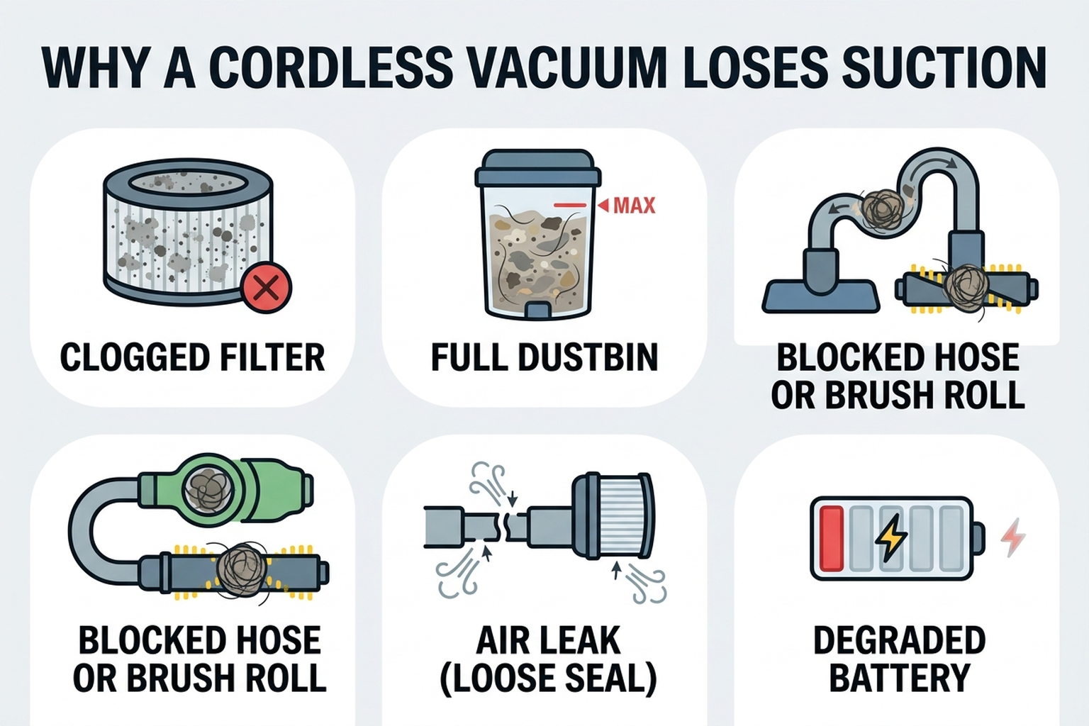 Flat infographic showing five causes of a cordless vacuum losing suction: clogged filter, full dustbin, blocked hose or brush roll, air leak from a loose seal, and degraded battery
