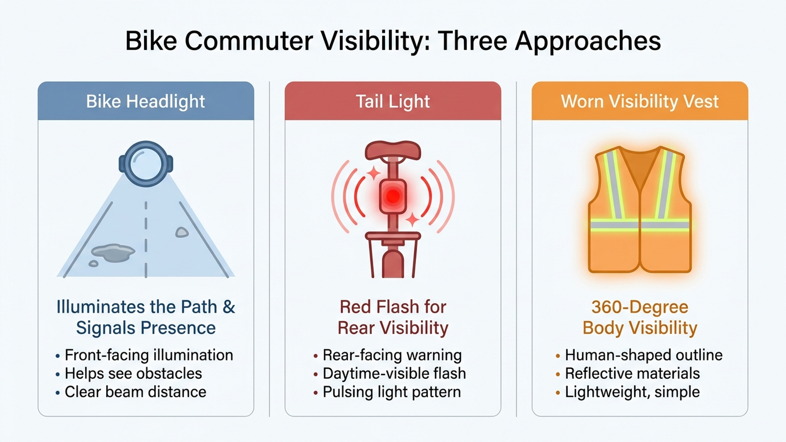 Infographic comparing bike-mounted headlights, bike-mounted tail lights, and body-worn visibility gear as three approaches to commuter visibility
