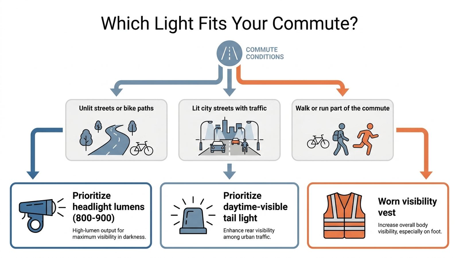 Diagram showing how to choose between a headlight, a tail light, and a worn visibility vest based on commute type and route lighting