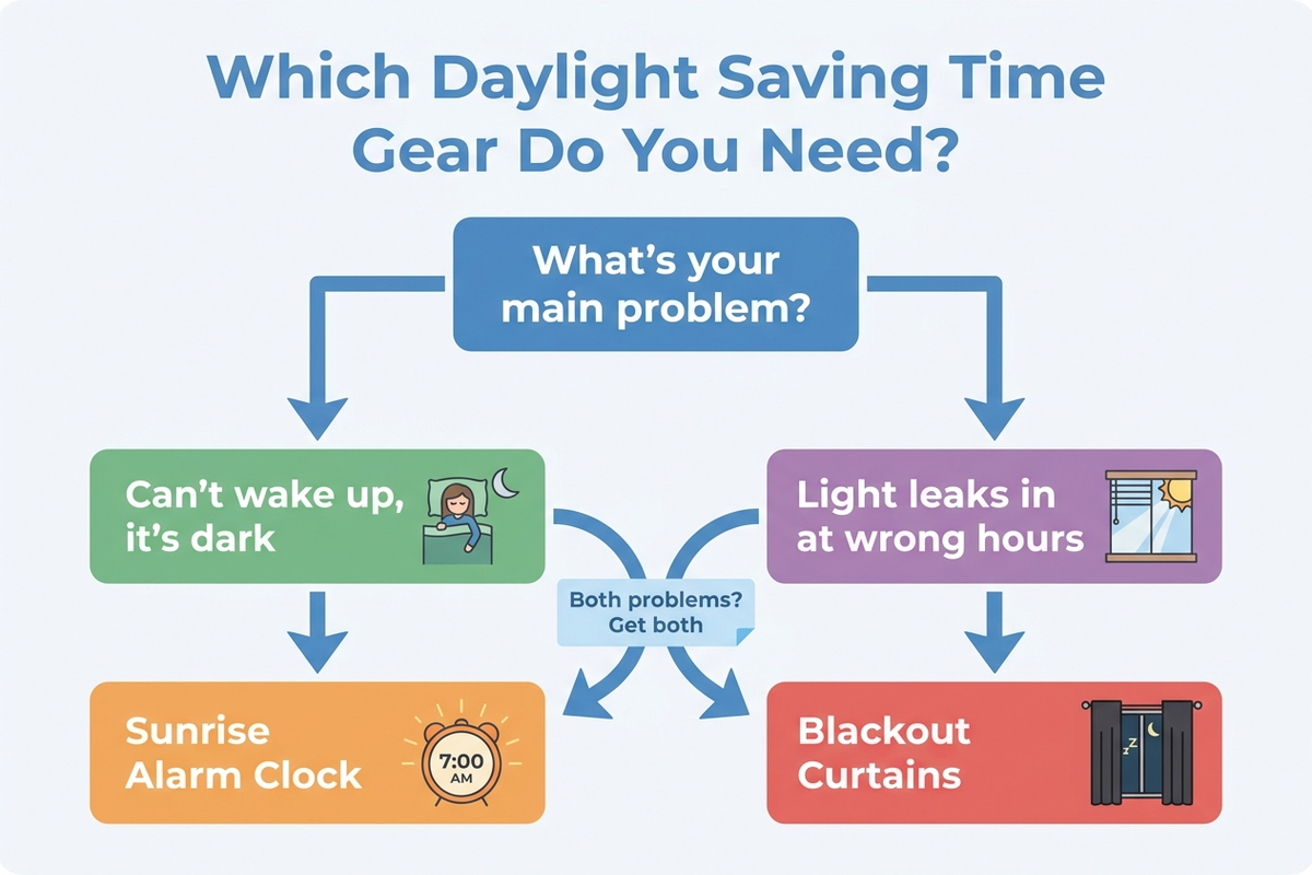 Decision-tree flowchart: if mornings feel too dark to wake up, choose a sunrise alarm clock; if your room gets light at the wrong hour, choose blackout curtains; if you want both problems solved, buy both; if you already have both problems solved and want a cheap extra step, consider blue-light-blocking glasses