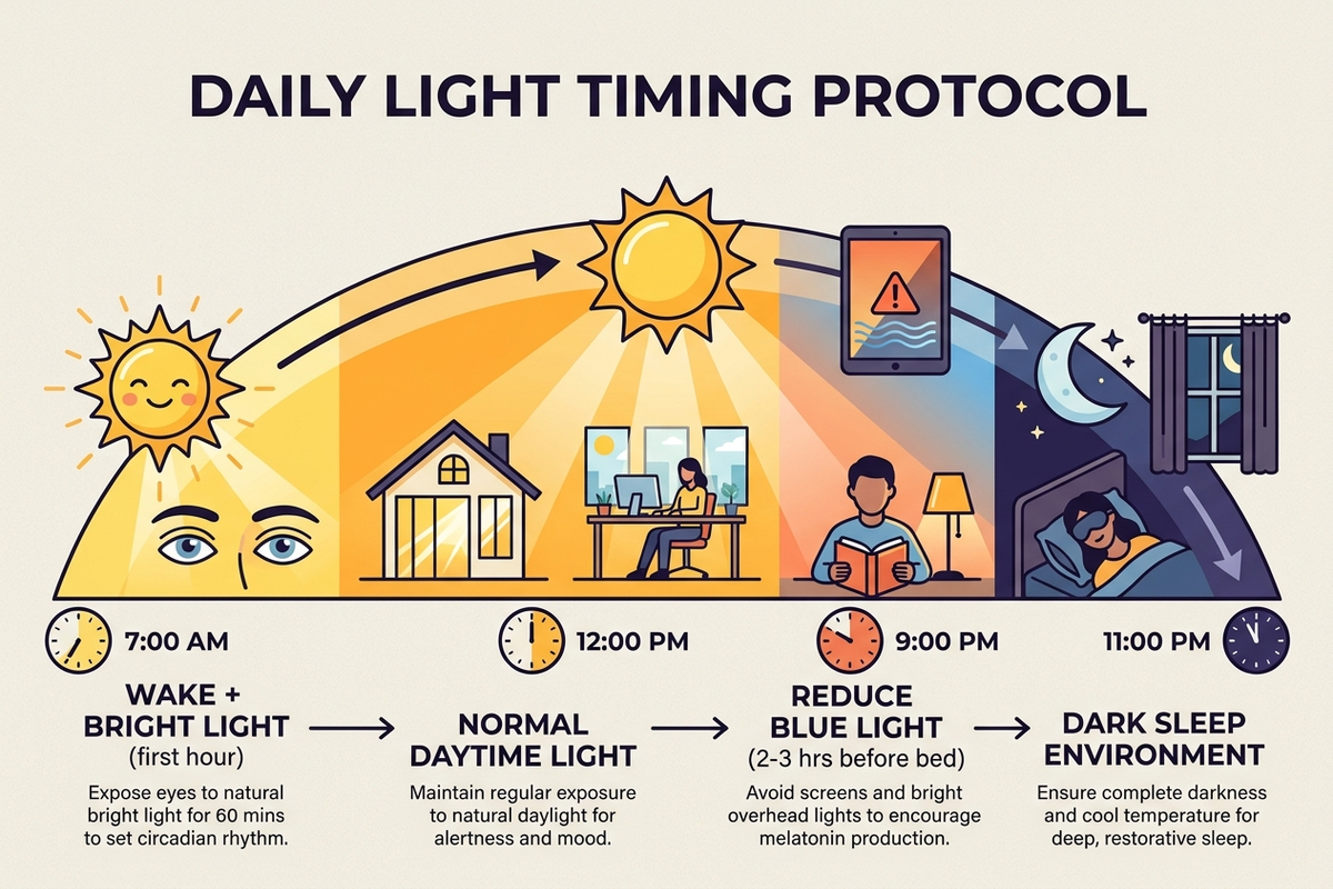 Diagram showing a daily light timing protocol: bright light exposure within 1 hour of waking, normal light through the day, reduced blue light 2 to 3 hours before bed, complete darkness during sleep