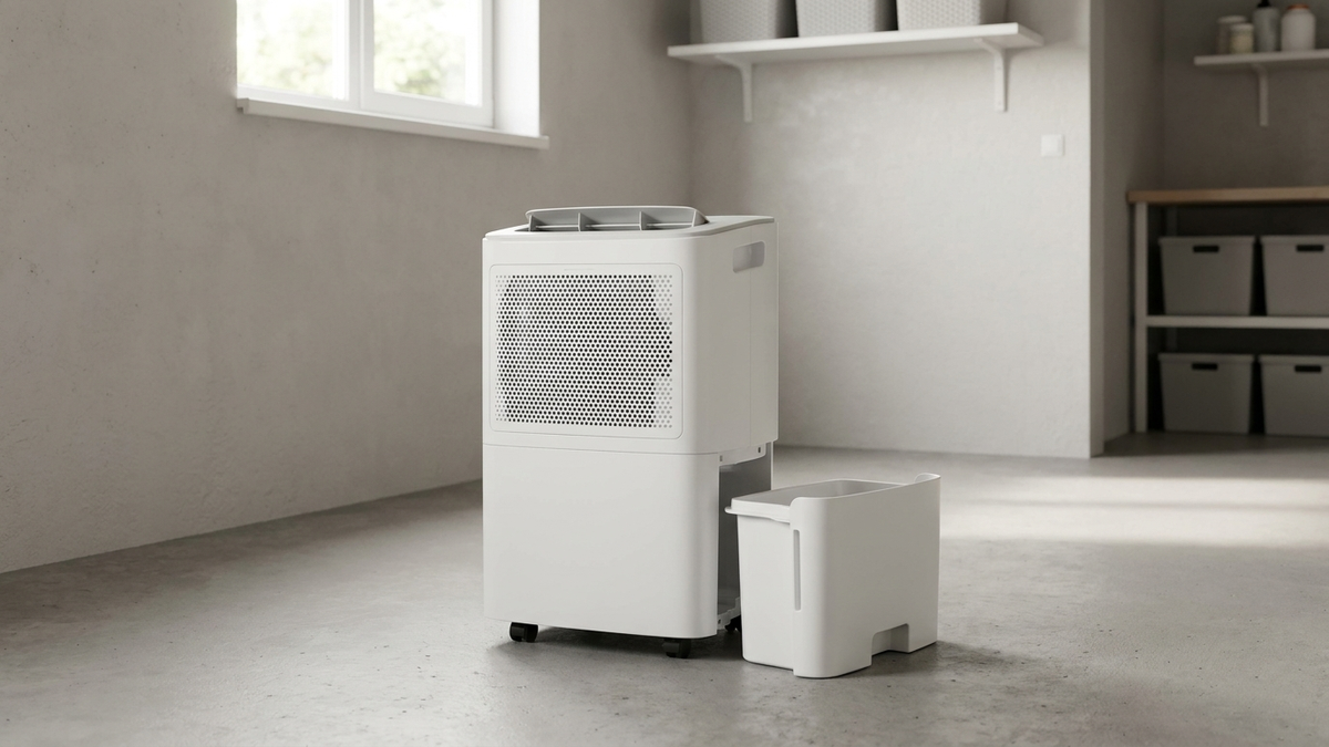 A modern white portable dehumidifier standing in a clean, softly lit home basement, empty water bucket visible, no people