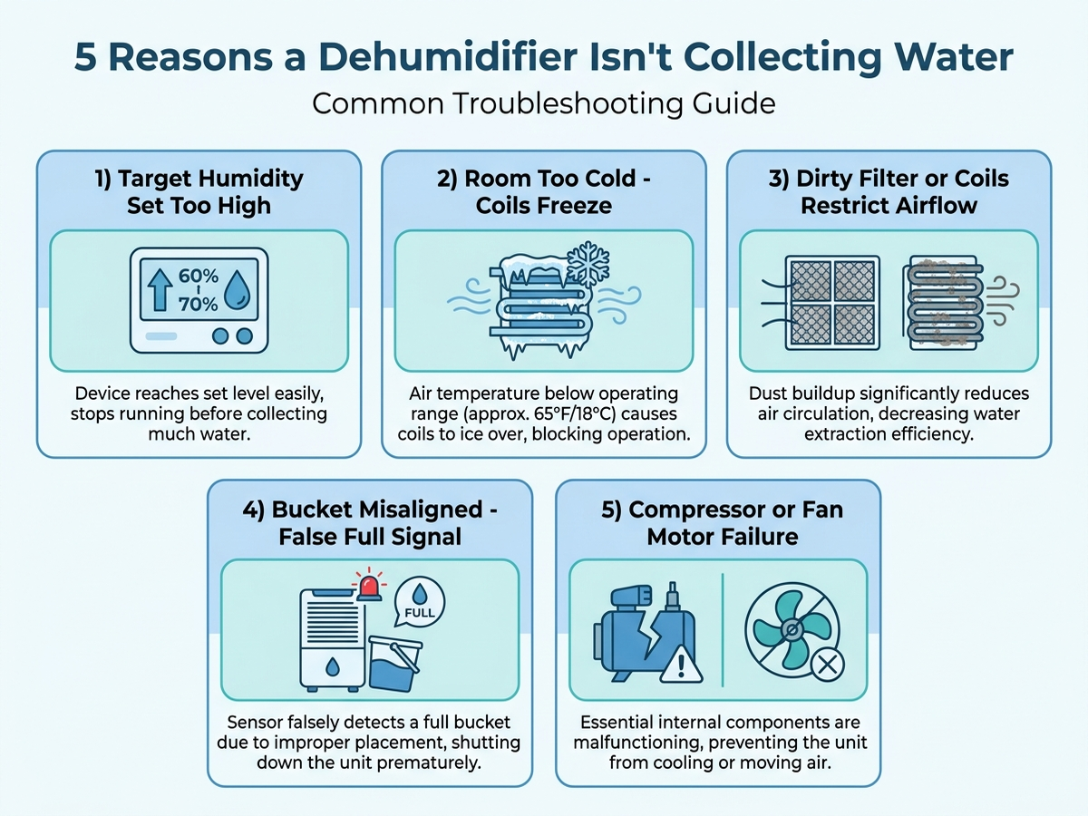 Flat infographic showing five reasons a dehumidifier isn't collecting water: target humidity set too high, room too cold causing coils to freeze, dirty filter or coils restricting airflow, bucket misaligned causing a false full signal, and compressor or fan motor failure