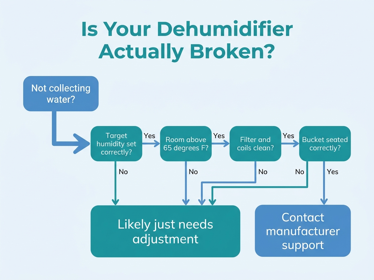 Decision-tree flowchart for diagnosing a dehumidifier not collecting water: check target humidity setpoint, check room temperature above 65 degrees, check filter and coil cleanliness, check bucket seating, and when to contact manufacturer support