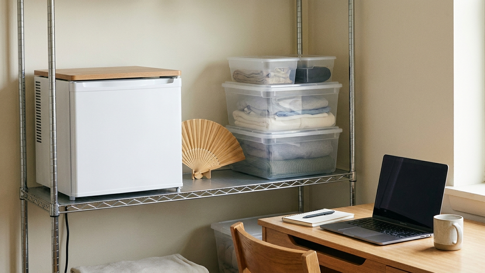 A small dorm room shelf with a compact fridge, a folded fan, and a stack of plastic storage bins, neutral daylight, no people, no text