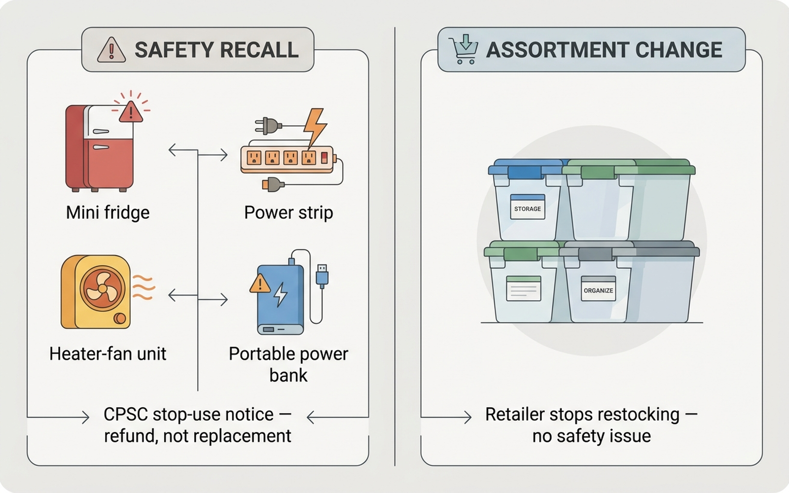 Flat infographic comparing two removal patterns: CPSC safety recall forces an immediate stop-use notice, versus a retailer assortment change that phases a product out over months