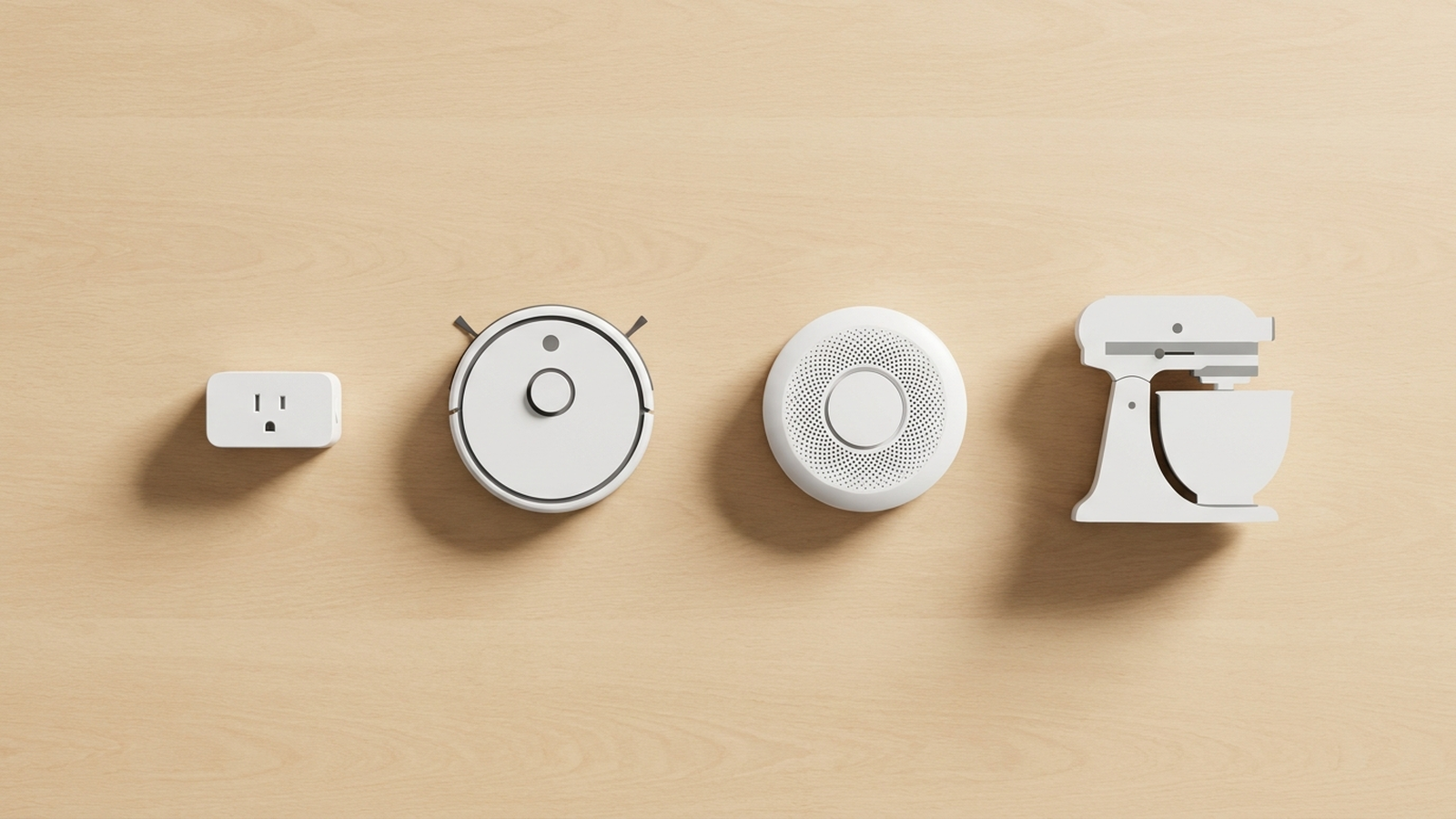 A row of small consumer electronics and kitchen gadgets on a plain shelf, neutral daylight, no people, no text