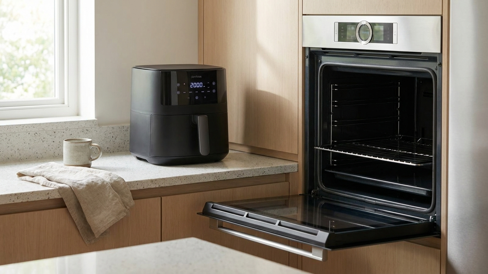 Modern kitchen countertop with a black digital air fryer next to an open stainless steel wall oven, soft natural daylight