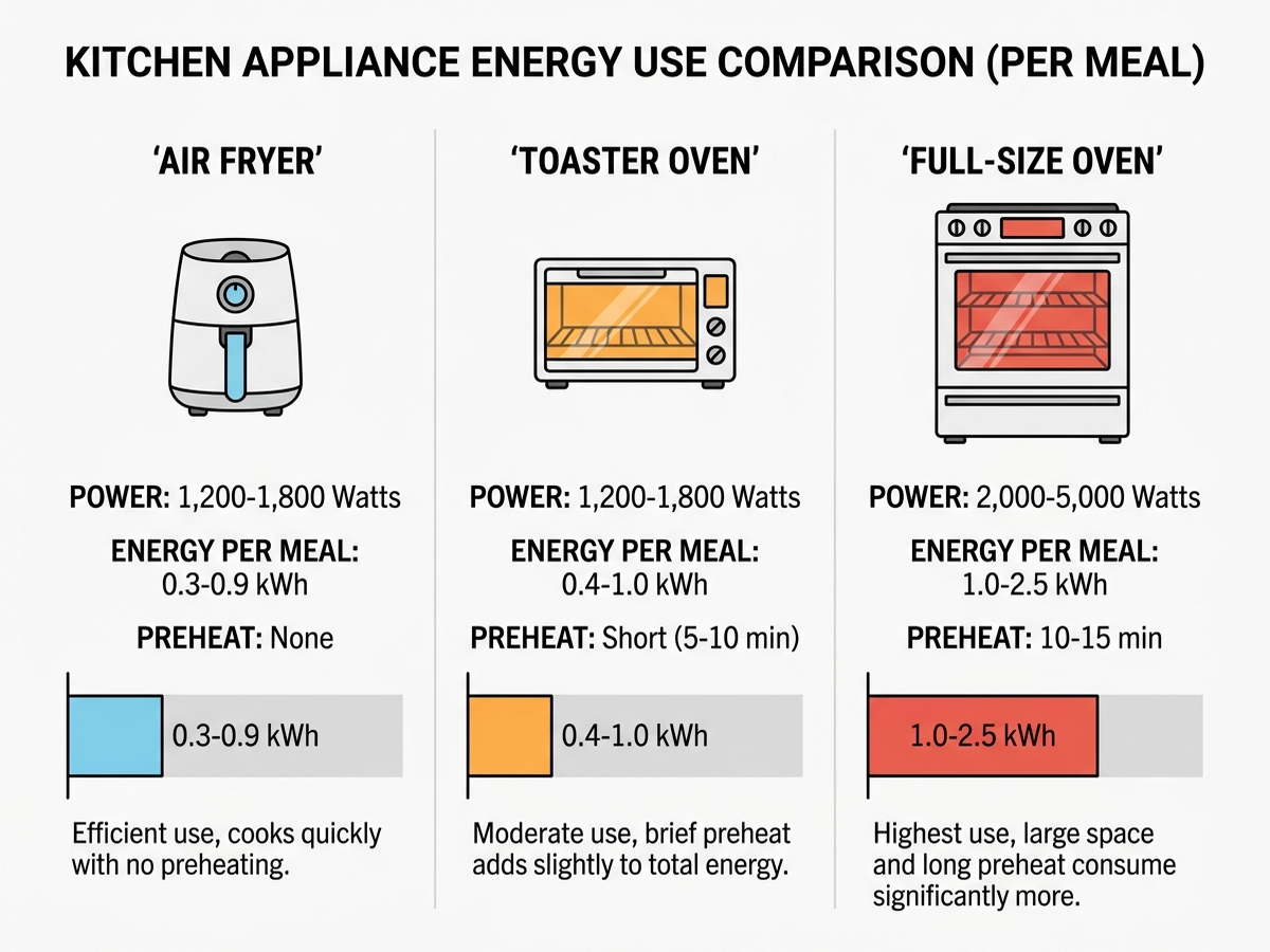 Infographic comparing energy use per meal for an air fryer, a toaster oven, and a full-size oven, showing wattage, kWh per meal, and preheat time for each