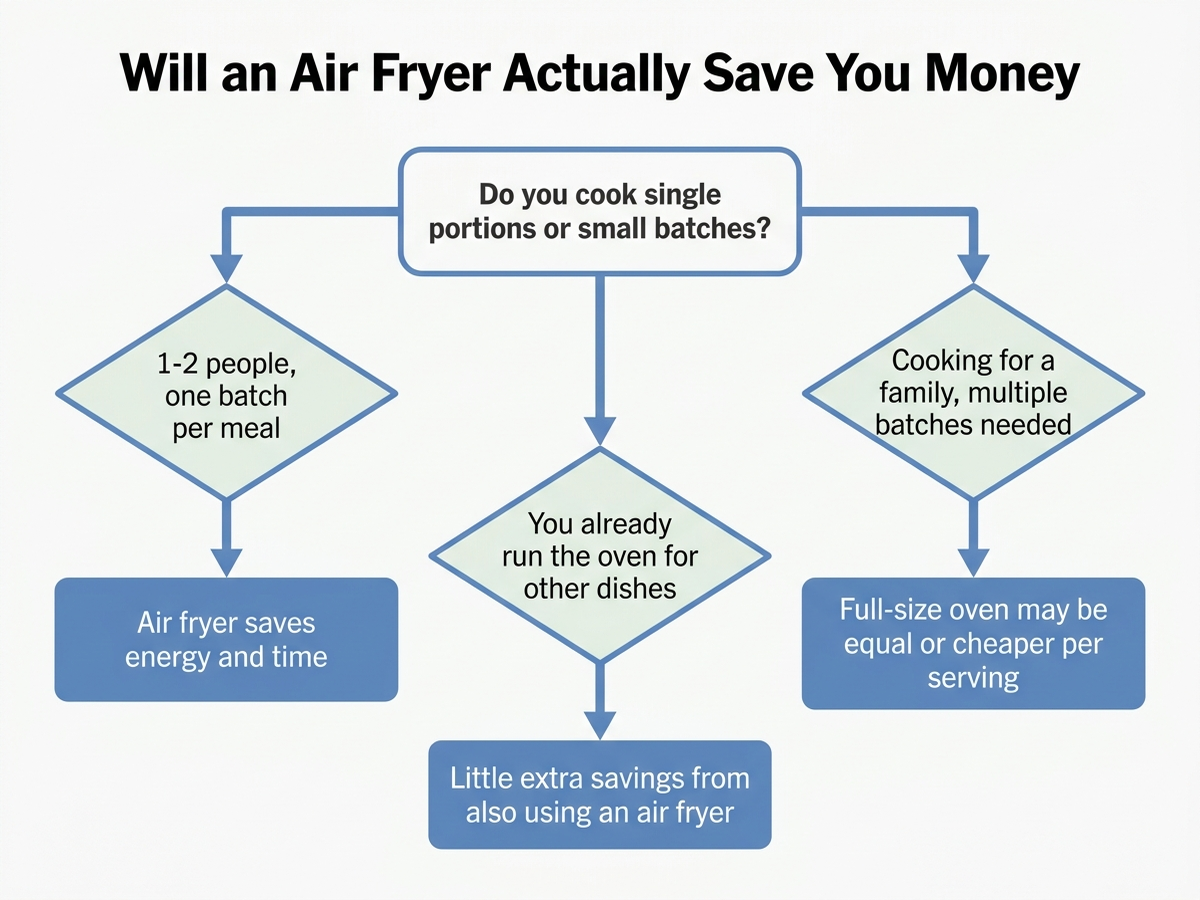 Decision flowchart titled 'Will an Air Fryer Actually Save You Money' branching by household size, batch count, and whether the oven is already in use