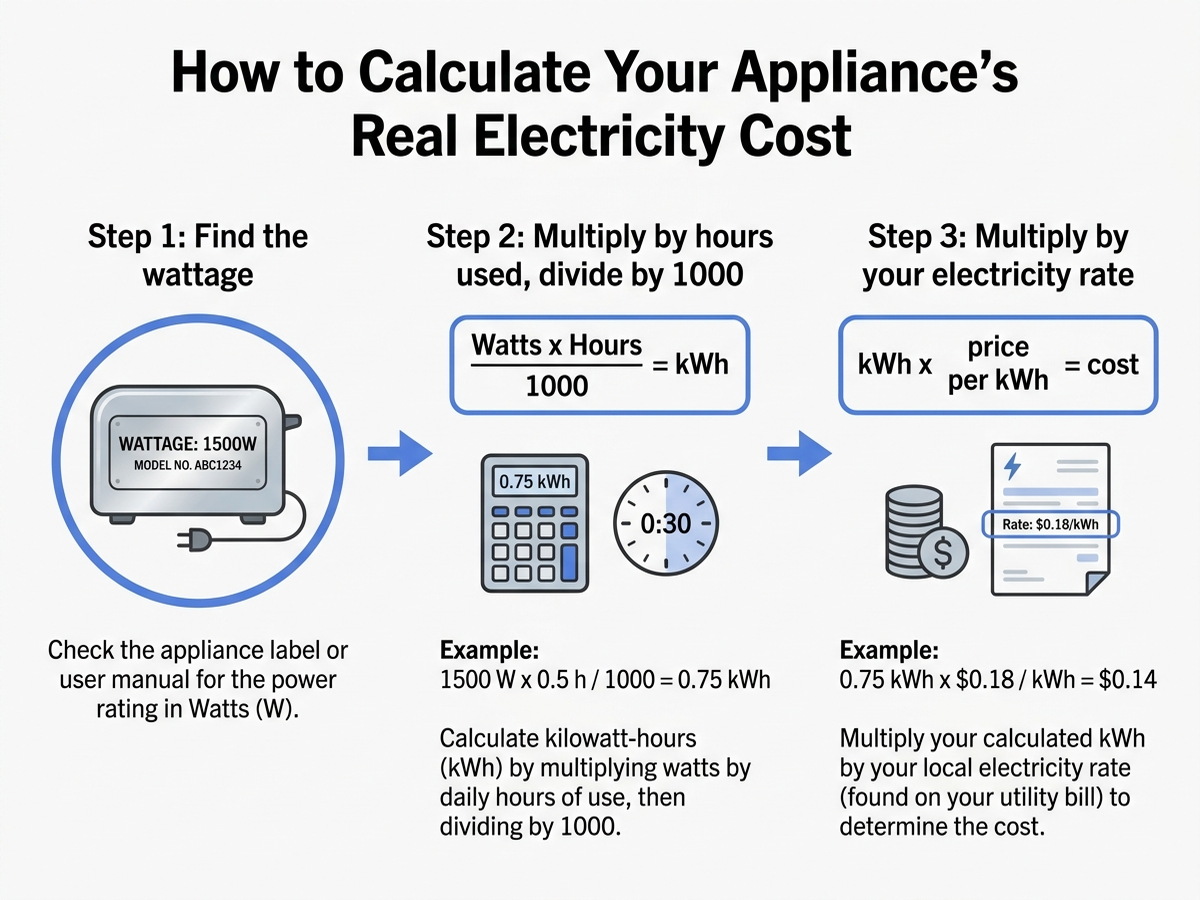 Diagram showing how to calculate an appliance's real electricity cost: find the wattage, multiply by hours used and divide by 1000 for kWh, then multiply by the local electricity rate