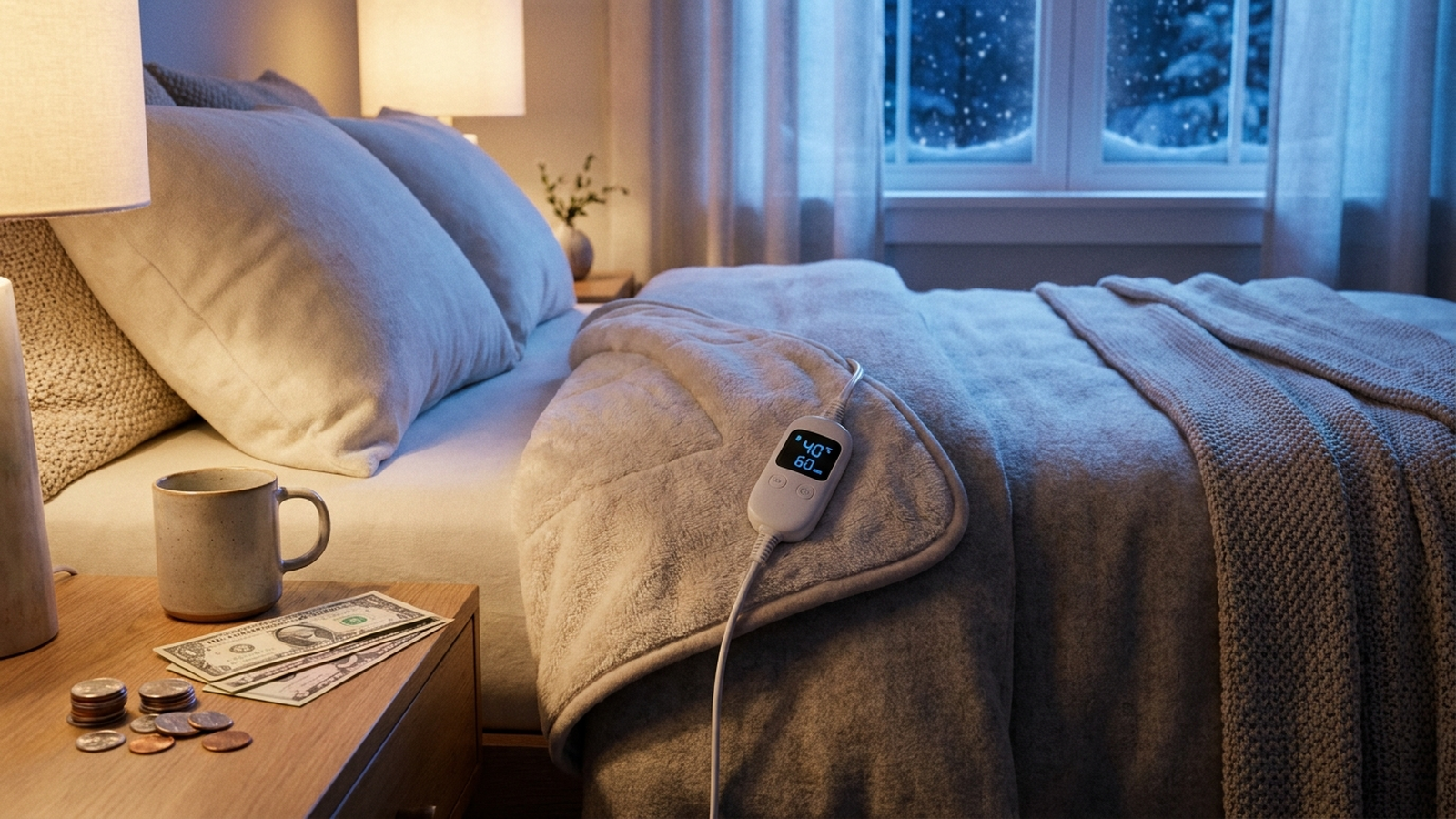 A heated blanket with a digital controller resting on a bed beside a small stack of coins on a nightstand, cool bedroom lighting, no people visible