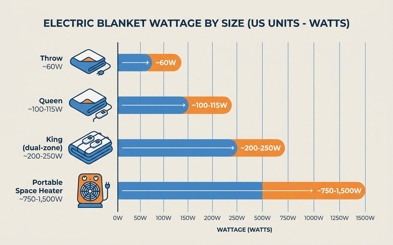 Infographic comparing electric blanket wattage by size: throw approximately 60 watts, queen single-zone approximately 100 to 115 watts, king dual-zone approximately 200 to 250 watts, next to a portable space heater at 750 to 1500 watts
