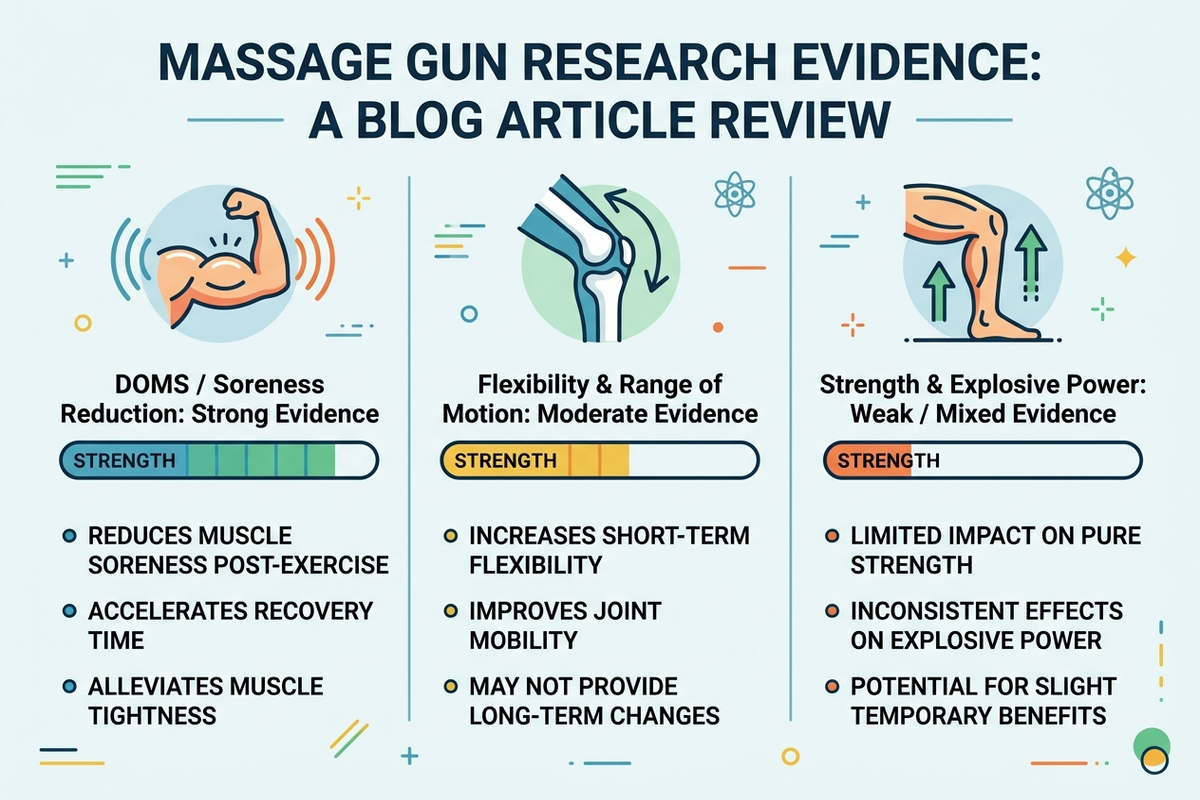 Infographic comparing study outcomes for percussion massage therapy: strong evidence for DOMS and soreness reduction, modest evidence for flexibility and range of motion, and weak or mixed evidence for strength and explosive power