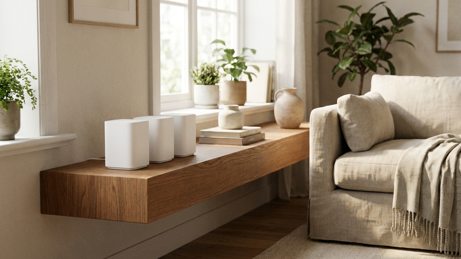 A modern mesh Wi-Fi router sitting on a living room shelf in soft natural light, no people, no visible text
