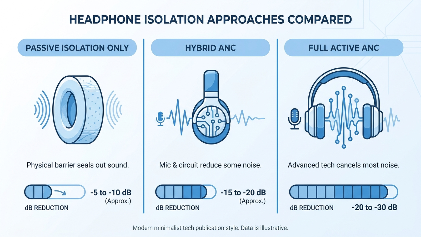Infographic comparing three headphone isolation approaches — passive isolation, hybrid ANC, and full active ANC — with approximate dB reduction ranges for each