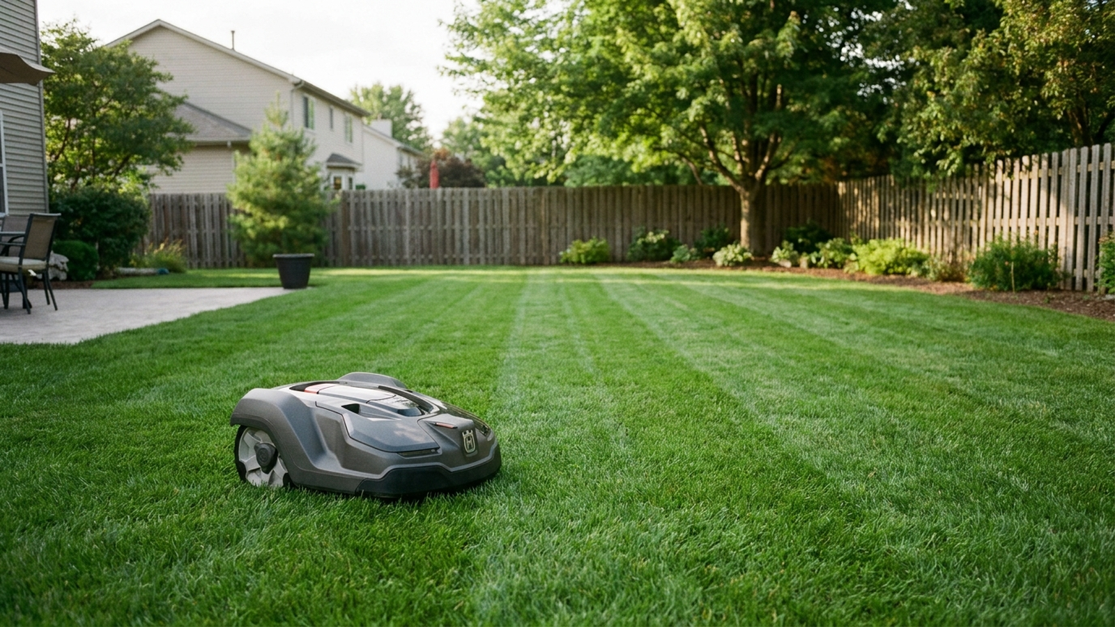 A modern robotic lawn mower sitting on a lush, healthy green lawn in a suburban backyard, soft afternoon light, no people visible