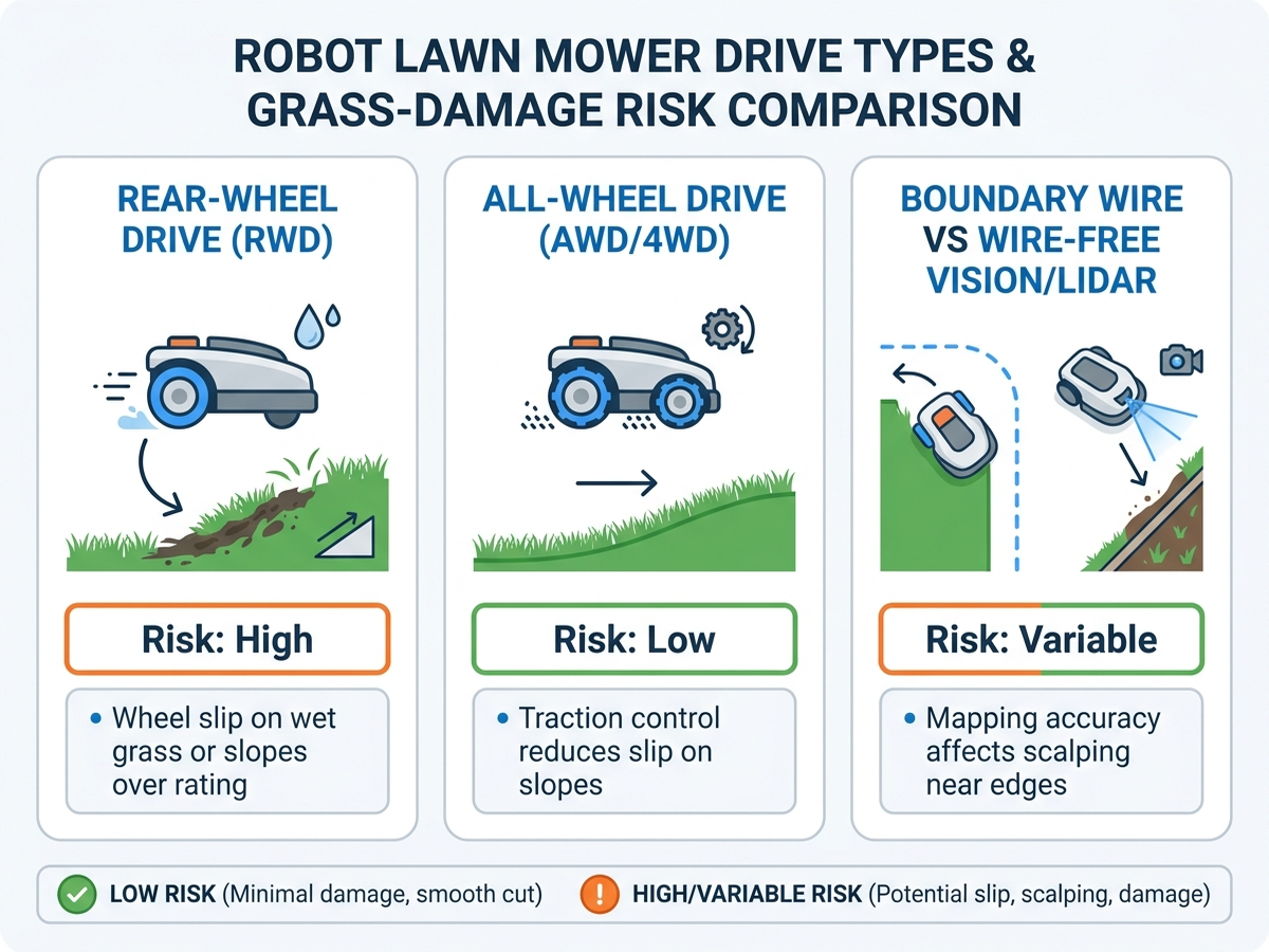Infographic comparing three robot lawn mower drive types and grass-damage risk: rear-wheel drive wheel slip on wet grass or slopes, all-wheel drive with traction control reducing slip on slopes, and boundary wire versus wire-free vision or LiDAR mapping accuracy near edges