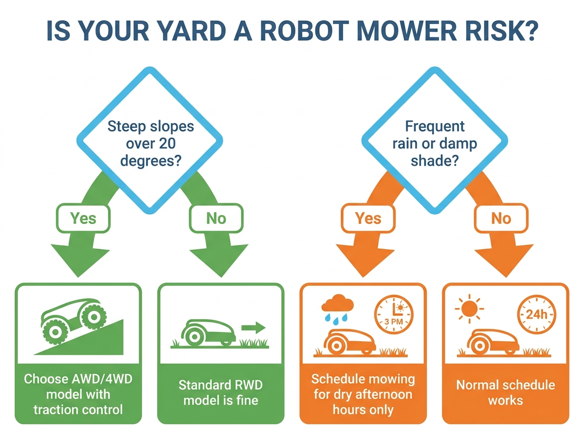 Decision flowchart titled 'Is Your Yard a Robot Mower Risk?' showing that steep slopes over 20 degrees call for an AWD or 4WD model with traction control, while frequent rain or damp shade call for scheduling mowing during dry afternoon hours only