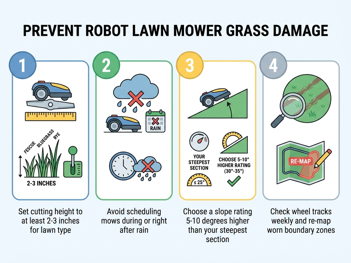 Four-step infographic for preventing robot lawn mower grass damage: set cutting height to at least 2 to 3 inches, avoid mowing during or right after rain, choose a slope rating 5 to 10 degrees higher than your steepest section, and check wheel tracks weekly