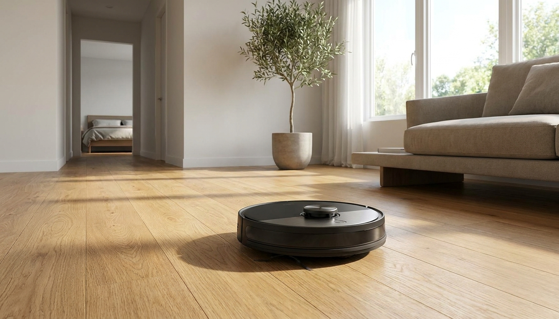 A robot vacuum cleaning a hardwood floor in a bright living room, with a hallway leading to another room in the background