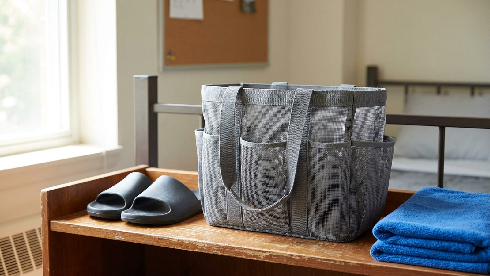A neutral mesh shower caddy tote bag sitting on a simple dorm room shelf next to a pair of rubber shower sandals and a folded microfiber towel, in soft natural light