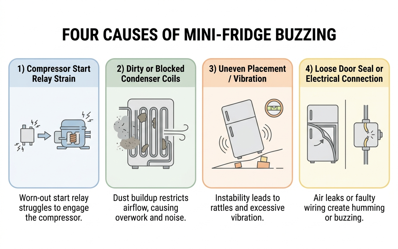 Flat infographic showing four causes of mini-fridge buzzing: compressor start relay strain, dirty condenser coils, uneven placement, and loose electrical connection
