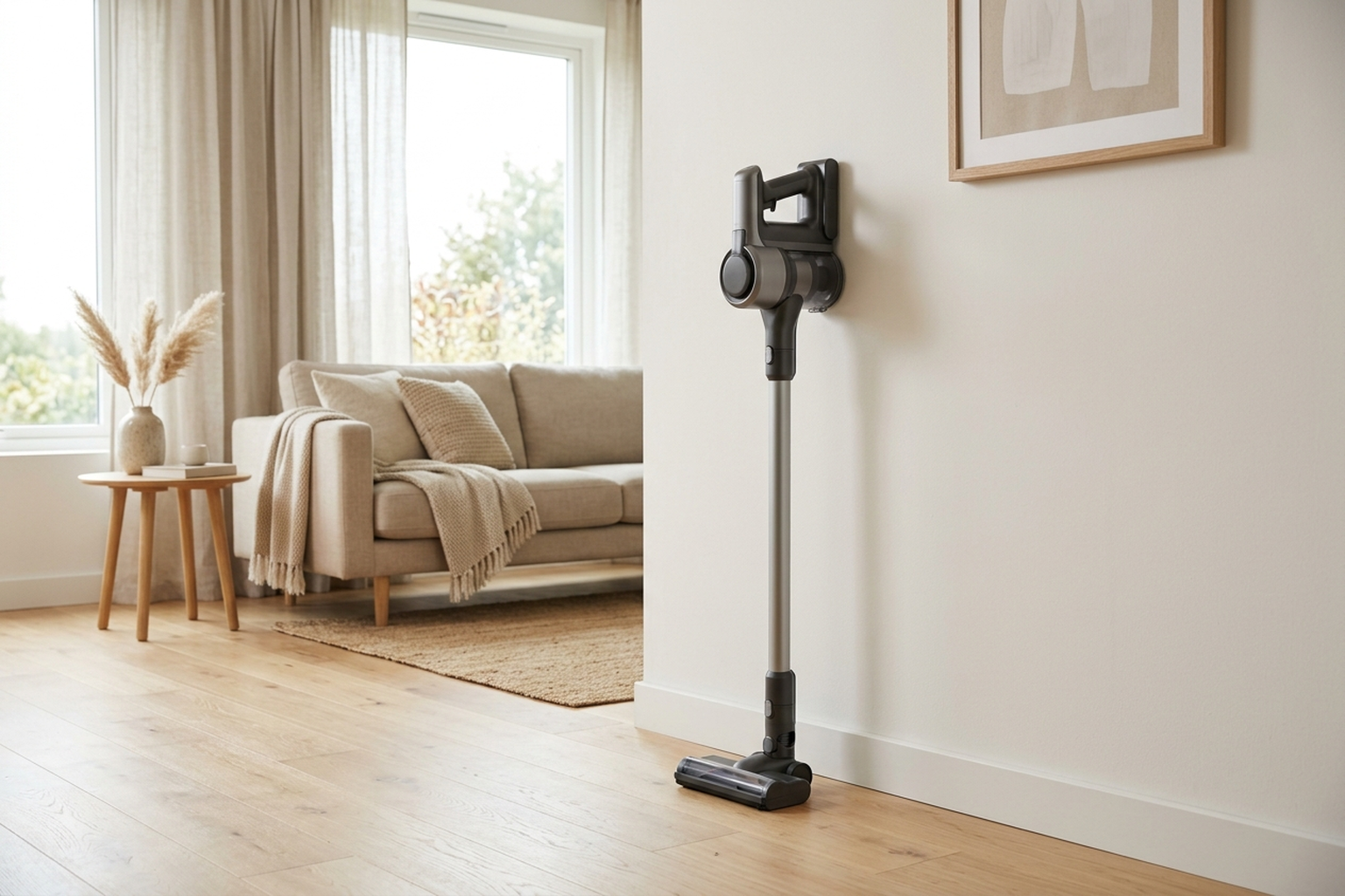 A sleek cordless stick vacuum resting upright against a wall in a bright, minimalist living room with hardwood floors