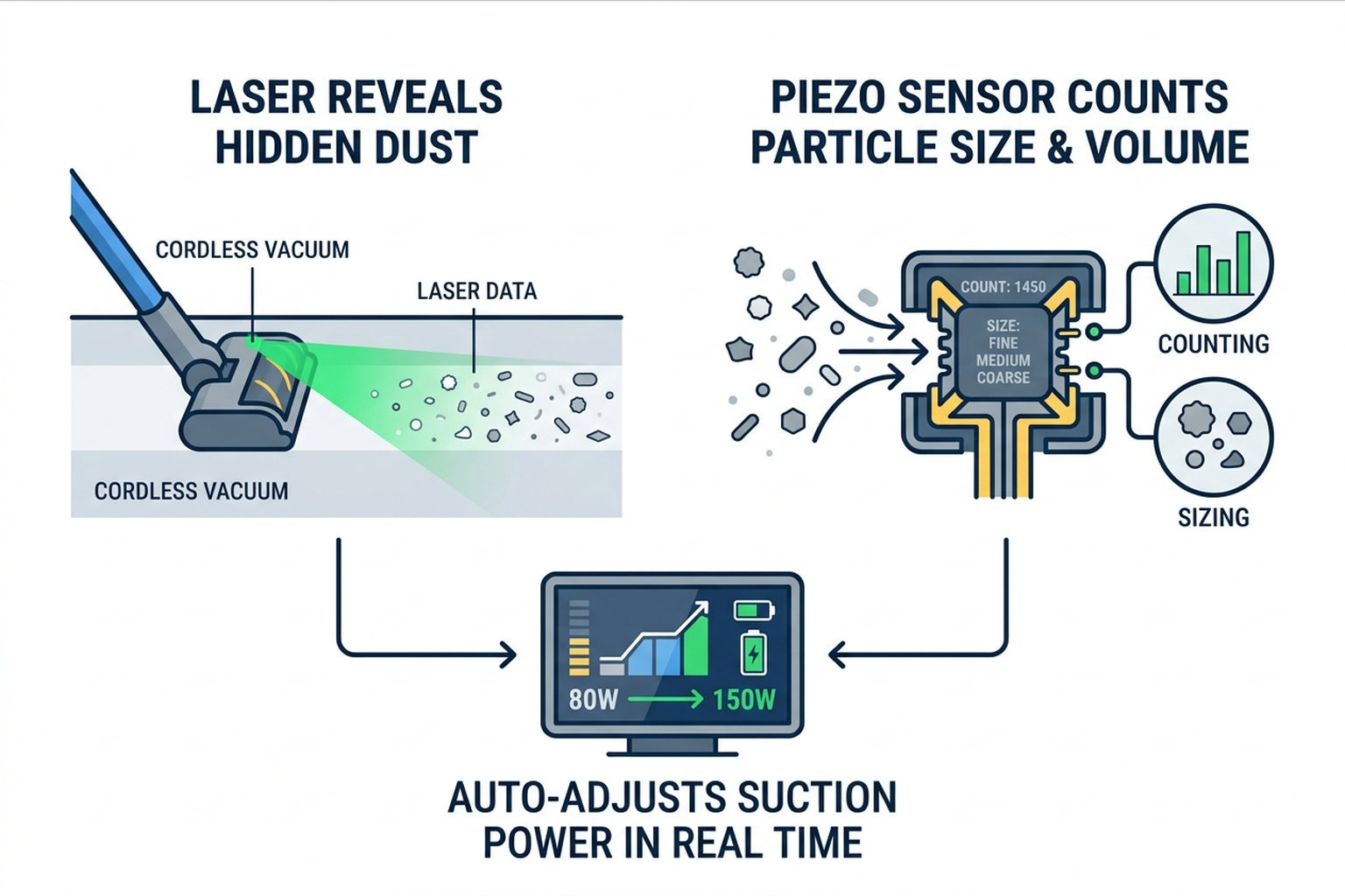 Flat infographic explaining how the Dyson V15 Detect's laser dust detector and piezo sensor work together: laser reveals hidden dust on hard floors, piezo sensor counts particle size and volume, data feeds an LCD screen and auto-adjusts suction power